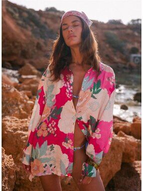 SPELL Tyler Floral Shirt Wildberry Kiss Pink Boho Oversized Blouse S Free People